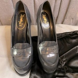 YSL charcoal Gray platform high heel loafers